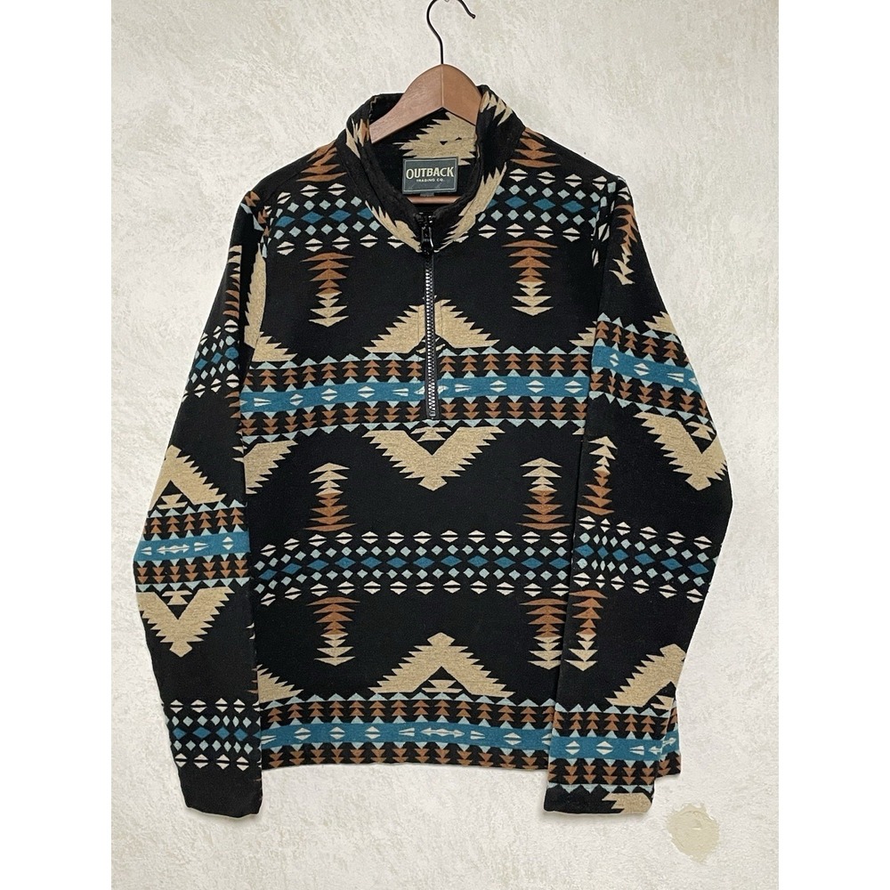 Outback Trading Co Sweater‎ Mens L Black Aztec Fleece Quarter Zip Charlie Henle